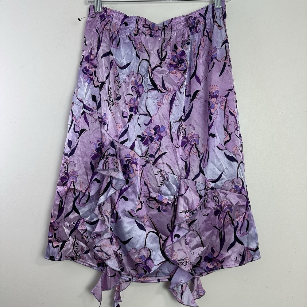 Y2K Vintage Fairy Satin‎ Skirt Pull On Med Asymmetrical Ruffle Purple Floral NWT